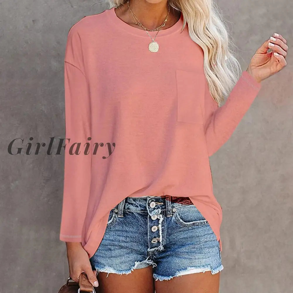 Girlfairy Basic T Shirts Long Sleeve O-Neck Womens Blouses Minimalist Solid Color Cotton Casual