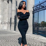 GirlFairy Black Dresses For Women Sexy Strapless Ribbed Knitted Bodycon Dresses Women Winter Long Sleeve Midi Sweater Dress Clothes