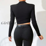 Girlfairy Black Elegant Shoulder Pads V Neck T-Shirts For Women Sexy Solid Asymmetrical Long Sleeve