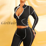 Girlfairy Black Gray Two Piece Set For Women Bright Line Decoration Long Sleeve Zipper Top+Slim
