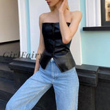 Girlfairy Black Pu Strapless Women Off Shoulder Button Up Tank Tops Street Style Gothic Sexy Corset
