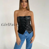 Girlfairy Black Pu Strapless Women Off Shoulder Button Up Tank Tops Street Style Gothic Sexy Corset