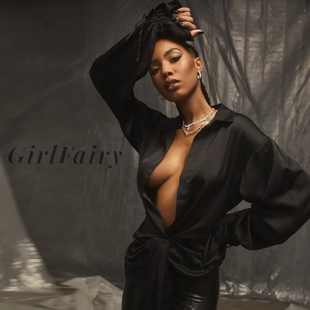 Girlfairy Black Sexy V Neck Petal Sleeve Blouses Woman Fashion 2023 Elegant Bandage Irregular Loose