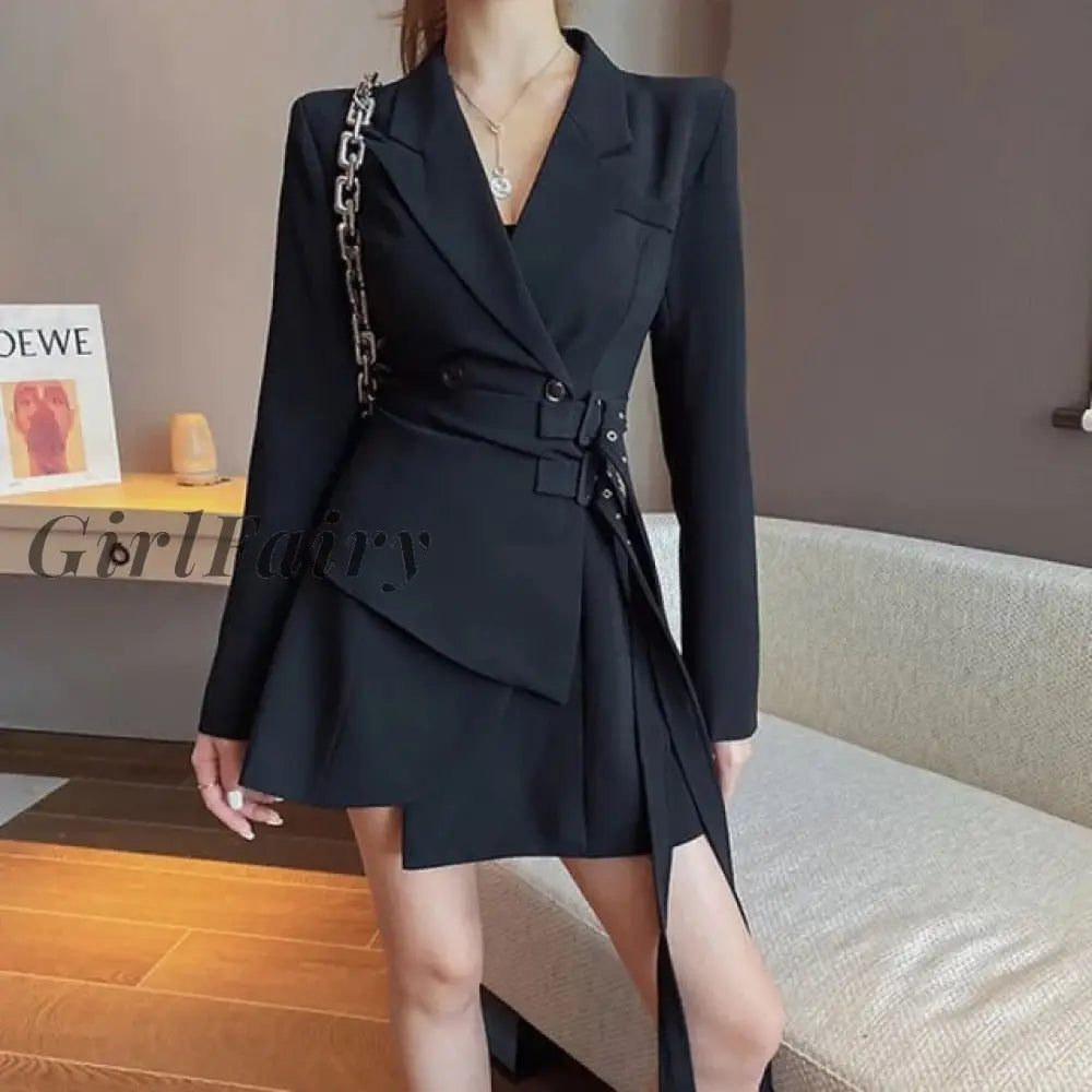 Girlfairy Blazer Dress Ladies Mini Party Fashion Elegant One Korean Belt Long Sleeve 2023 New Tide