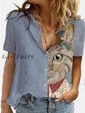 Girlfairy Blouse Turn-Down Collar Summer Stitching Cat Print Button Plus Size Long-Sleeved Shirt