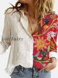 Girlfairy Blouse Turn-Down Collar Summer Stitching Cat Print Button Plus Size Long-Sleeved Shirt