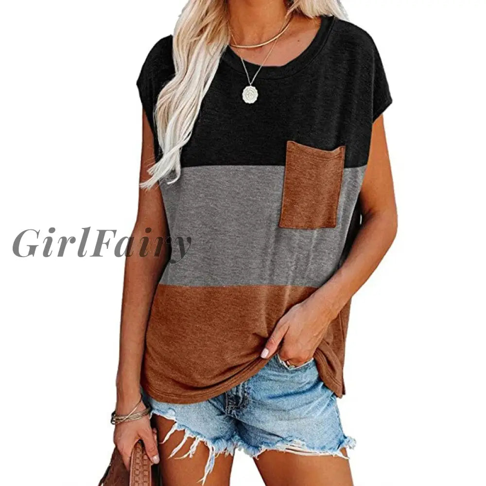 Girlfairy Blouses Casual T Shirts Short Sleeve O-Neck Women Tops And Pocket Plus Size Loose Summer