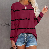 Girlfairy Blouses Tops Long Sleeve Stripe Casual O-Neck Loose Streetwear Oversized Womens Shirt