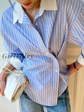 Girlfairy Blue And White Striped Shirt Lapel Long Sleeve Spring Autumn Women Blouse Tops French Design Office Lady Shirts Top