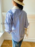 Girlfairy Blue And White Striped Shirt Lapel Long Sleeve Spring Autumn Women Blouse Tops French