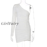 Girlfairy Blue One Shoulder Ruched Mini Dress For Women 2023 Autumn Long Sleeve Bodycon Dresses