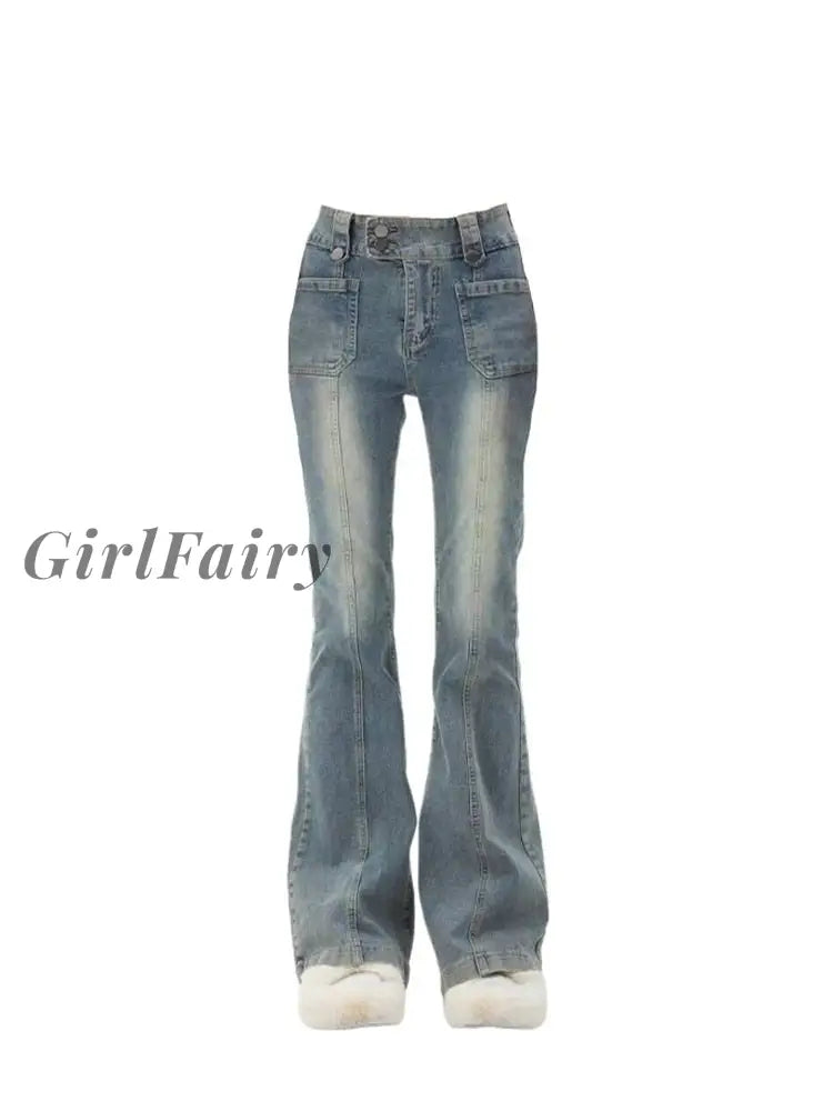 Girlfairy Blue Women Jeans Gyaru Flare Pants High Waist Vintage Denim Bell Bottom Female Harajuku