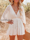 Girlfairy Bohemian V-Neck Batwing Sleeve Mini Dresses For Women Patchwork Lace Beach Short Dress