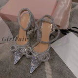 Girlfairy Brand Luxury Crystal Sequined Bowknot Women Pumps Sexy Ankle Strap High Heels Female