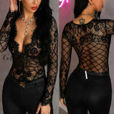Girlfairy Brand New Women Sexy Hollow Out Lace Jumpsuit Bodycon Bodysuit Leotard Female Long Sleeve Deep V Neck See Through Bodysuit