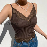 Girlfairy Brown Lace Trim Rib Knit V Neck Crop Tops Fairy Grunge Indie Aesthetic Clothes Girly