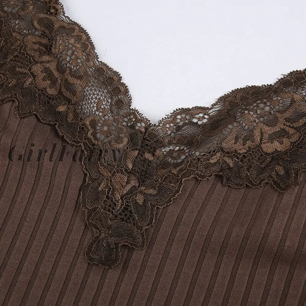 Girlfairy Brown Lace Trim Rib Knit V Neck Crop Tops Fairy Grunge Indie Aesthetic Clothes Girly