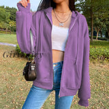Girlfairy Brown Purple Black Zip Hooded Sweatshirt Winter Jacket Top Oversized Hoodie Retro Pocket Woman Clothes Long Sleeve Pullover