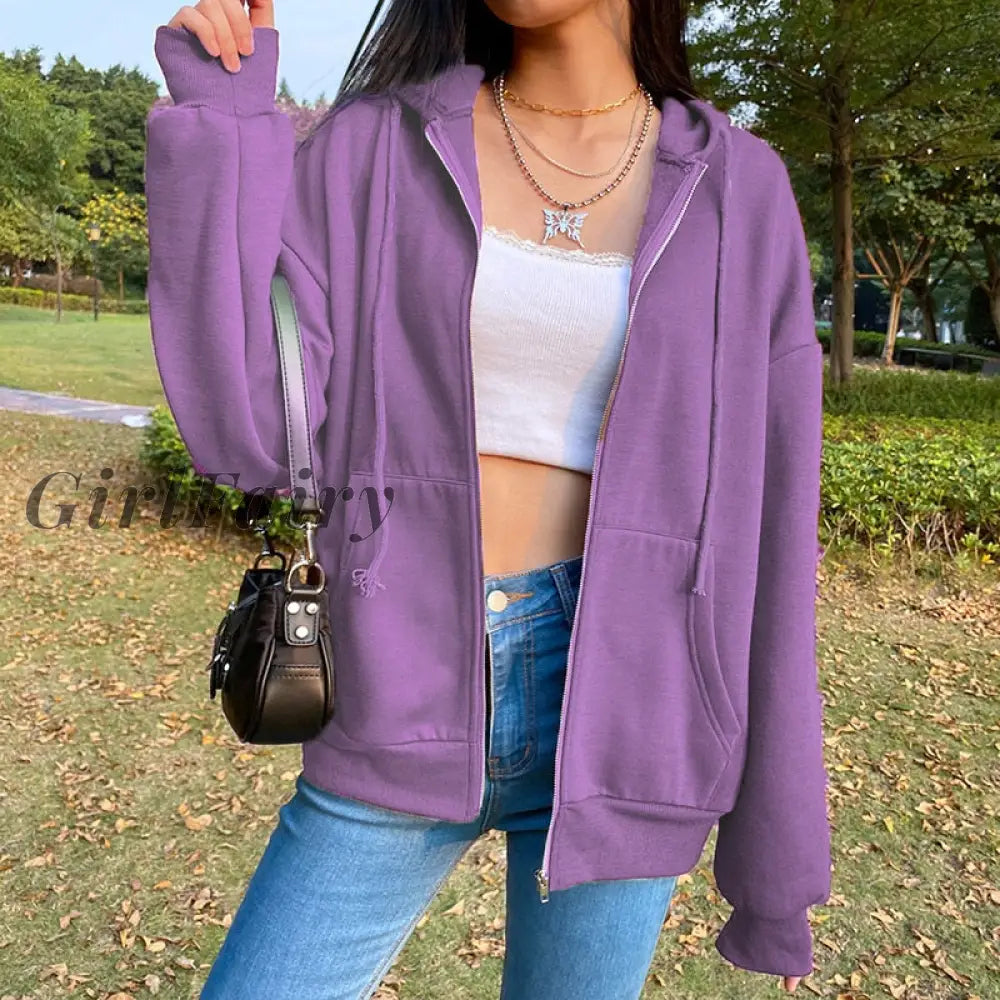 Girlfairy Brown Purple Black Zip Hooded Sweatshirt Winter Jacket Top Oversized Hoodie Retro Pocket