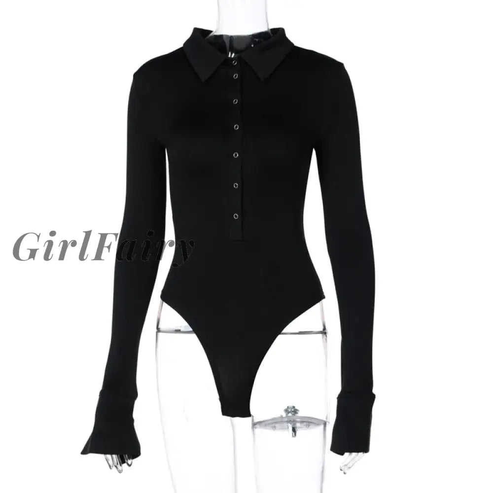 Girlfairy Button Long Sleeve Bodysuit For Women Turndown Collar Skinny Body Suit Sexy Black Fashion