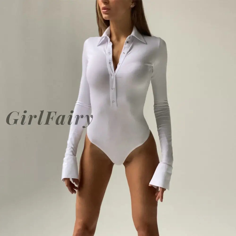 Girlfairy Button Long Sleeve Bodysuit For Women Turndown Collar Skinny Body Suit Sexy Black Fashion
