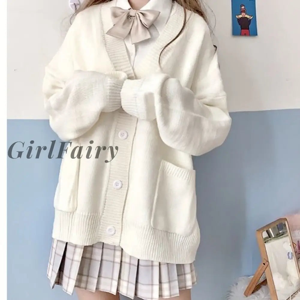 Girlfairy Cardigan Women Solid Oversize Harajuku Loose Sweaters Student Preppy Sweet Girl Cute