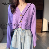 Girlfairy Cashmere Cardigan Women Short Sweater Fall 2023 Clothing V-Neck Purple Korean Knitted Long