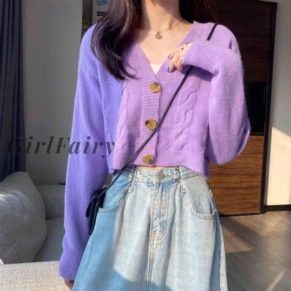 Girlfairy Cashmere Cardigan Women Short Sweater Fall 2023 Clothing V-Neck Purple Korean Knitted Long
