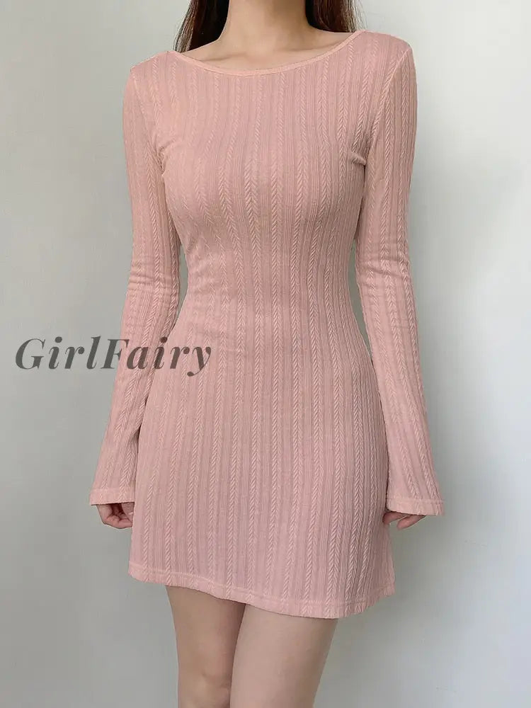 Girlfairy Casual Basic Backless Knitted Fare Sleeve Women Dresses Mini Solid Fashion Chic Bodycon