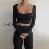 Girlfairy Casual Black Long Sleeve Matching Sets 2 Two Piece Set Tracksuit For Women Sweatsuits