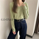 Girlfairy Casual Cotton Woman Tshirts Vintage Long Sleeve Sexy V-Neck Harajuku Basic Shirts For