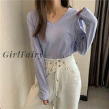 Girlfairy Casual Cotton Woman Tshirts Vintage Long Sleeve Sexy V-Neck Harajuku Basic Shirts For