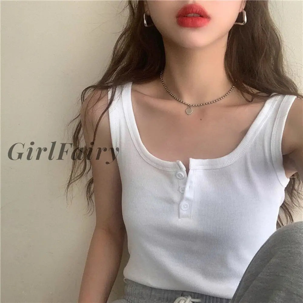 Girlfairy Casual Knitted Women Tanks Tops Solid Sleeveless Button Up Cropped Fashion Korean