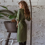 Girlfairy Casual Pu Leather Dress For Women Elegant Seven Sleeve V Neck Sashes 2023 Autumn Winter