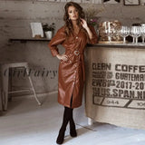 Girlfairy Casual Pu Leather Dress For Women Elegant Seven Sleeve V Neck Sashes 2023 Autumn Winter