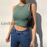 Girlfairy Casual Ribbed Knit Solid Bodycon Tank Top Slim Basic Sleeveless Crop Women Fashion Vest