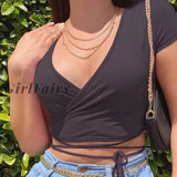 Girlfairy Casual Ribbed V Neck White T Shirt Twist Short Sleeve Lace Up Wrap Crop Top Slim Fashion Summer Women's T-Shirts Tees