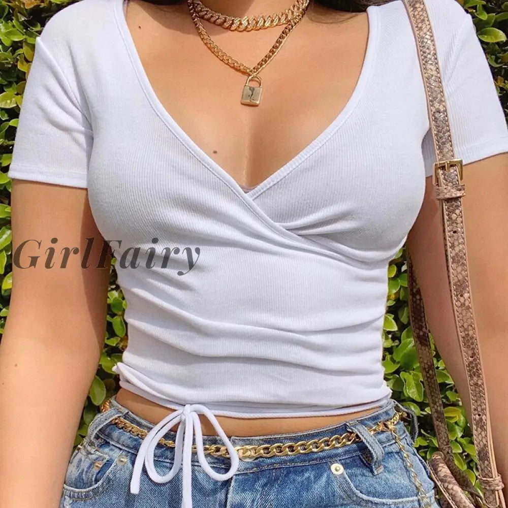Girlfairy Casual Ribbed V Neck White T Shirt Twist Short Sleeve Lace Up Wrap Crop Top Slim Fashion