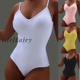 Girlfairy Casual Sleeveless V-Neck Plus Size Jumpsuit Women Solid Color Sexy Lingerie Bodysuit