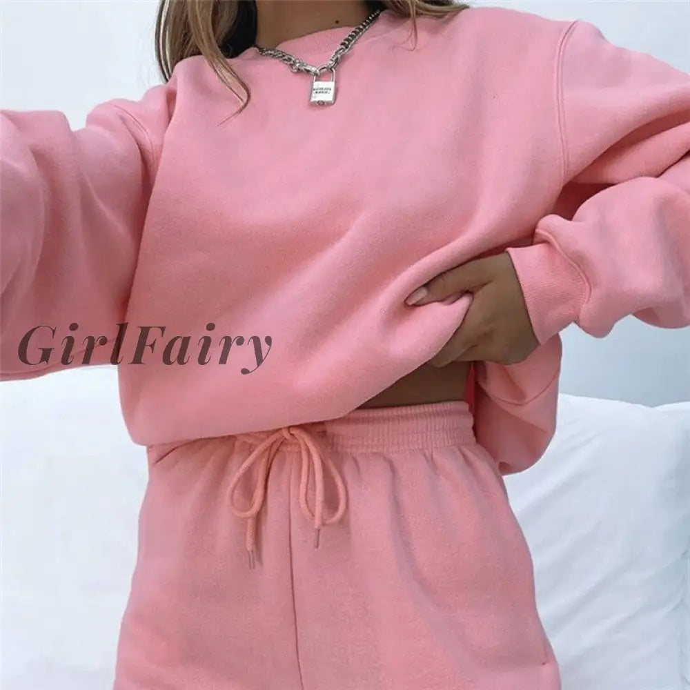 Girlfairy Casual Style Long Sleeve Two Piece Set For Women Early Autumn 2023 Loose O-Neck Top+High