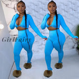 Girlfairy Casual Summer 2 Two Piece Set Women Pink Outfit Long Sleeve Crop Top Leggings Joggers
