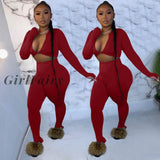 Girlfairy Casual Summer 2 Two Piece Set Women Pink Outfit Long Sleeve Crop Top Leggings Joggers