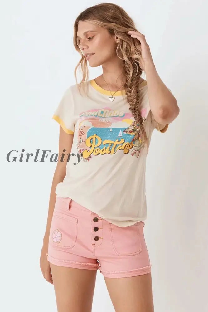 Girlfairy Casual Summer Beige Tshirt Cartoon O Neck Cotton T-Shirt For Girls Streetwear Designer