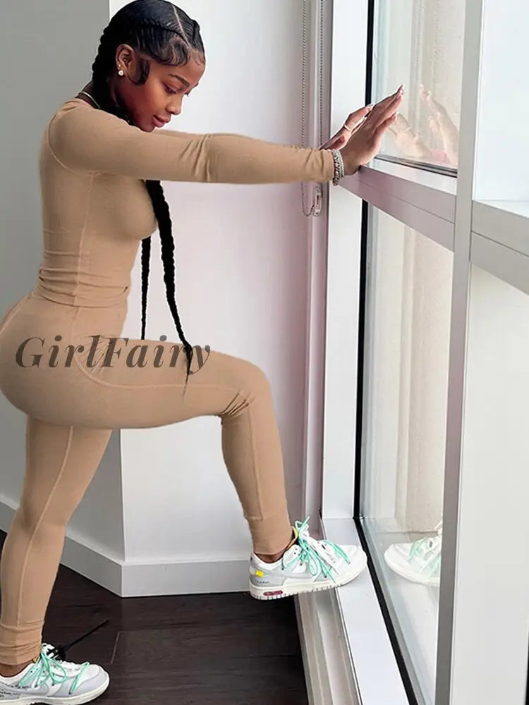 Girlfairy Casual Two Piece Set Women Solid Skinny Long Sleeve O-Neck Top+Mid Waist Elastic Leggings