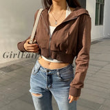 Girlfairy Casual Zip Up Cropped Brown Hoodies Women Harajuku Pockets Basic Autumn Jacket Solid Short