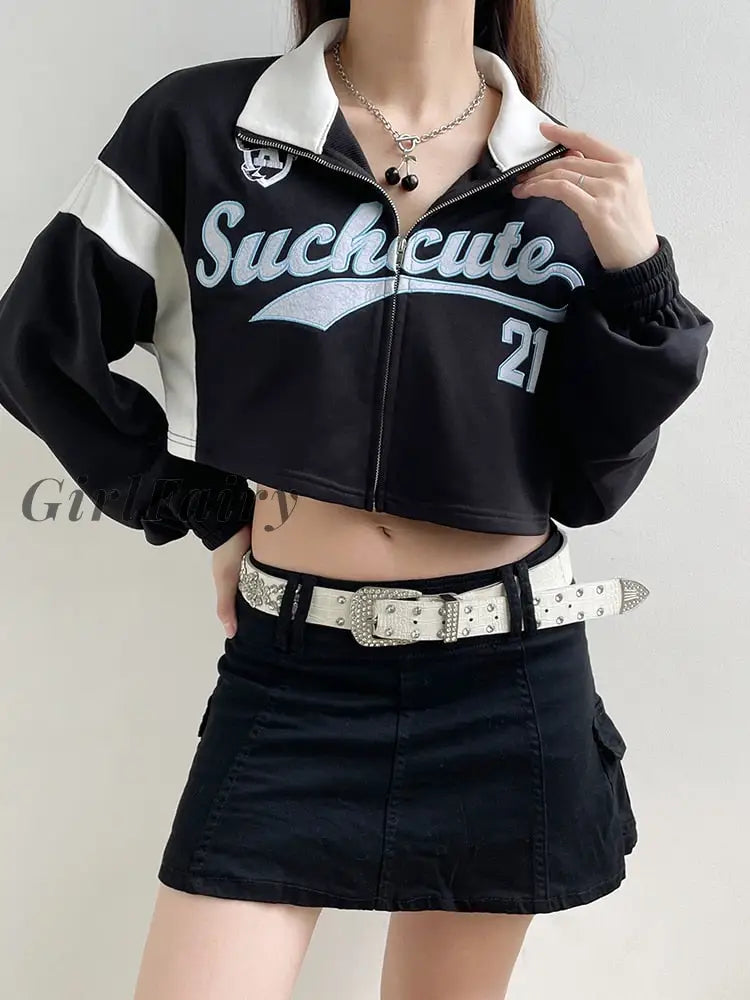 Girlfairy Casual Zipper Embroidery Sweatshirt Women Patchwork Cropped Jacket Preppy Style Contrast