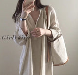 Girlfairy Chic Cotton Linen Woman Dress Casual Vintage V-Neck Autumn Spring Beach Holiday Maxi