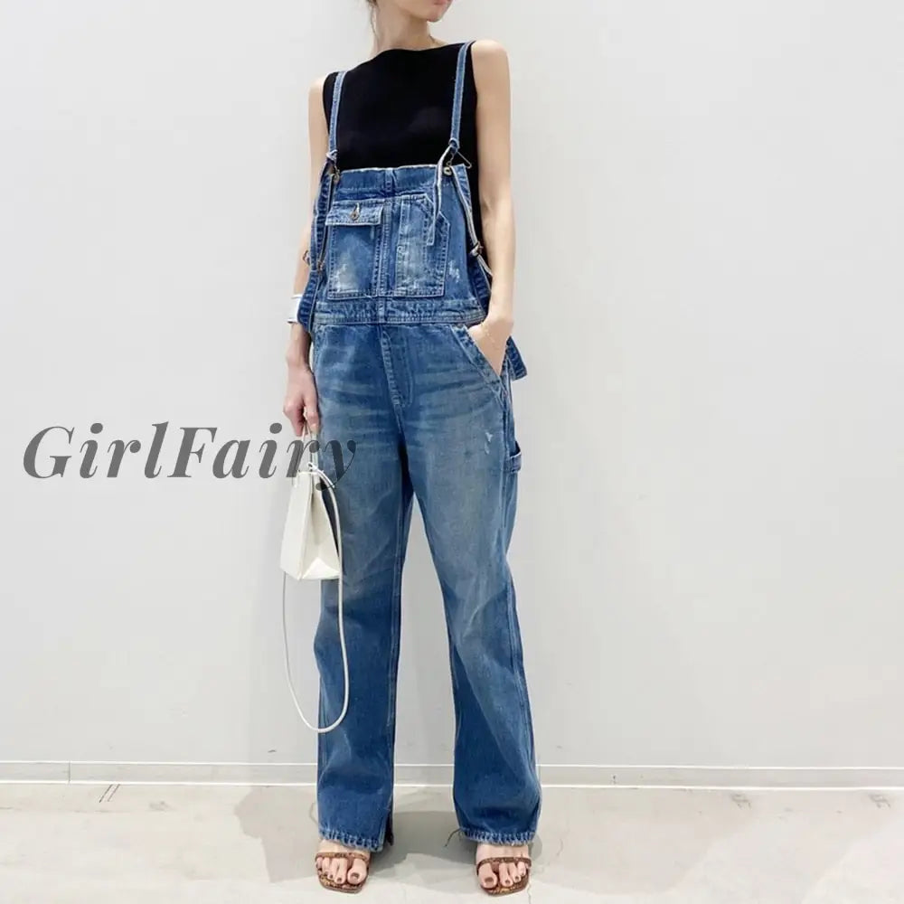 Girlfairy Chic Denim Jumpsuit Pockets Summer Fashion Overalls Street Wear Long Jean Womens Female