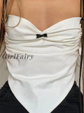 Girlfairy Chic Design White Strappy Sexy Folds Short Camis Tops Backless Fashion Bow Ruched Party