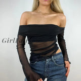 Girlfairy Chic Fashion Off Shoulder Summer Ruched Mesh See Through Women Tops Oufits Streetwear Long